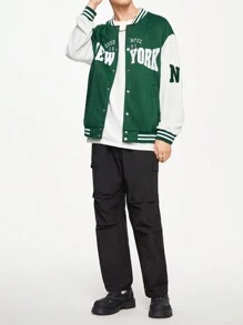 Manfinity Hypemode Men Letter Graphic Striped Trim Drop Shoulder Varsity Jacket - Green - View 4