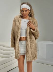 VARSITIE Retro Style Light Brown Mid-Length Loose Fake Fur Women Sports Jackets