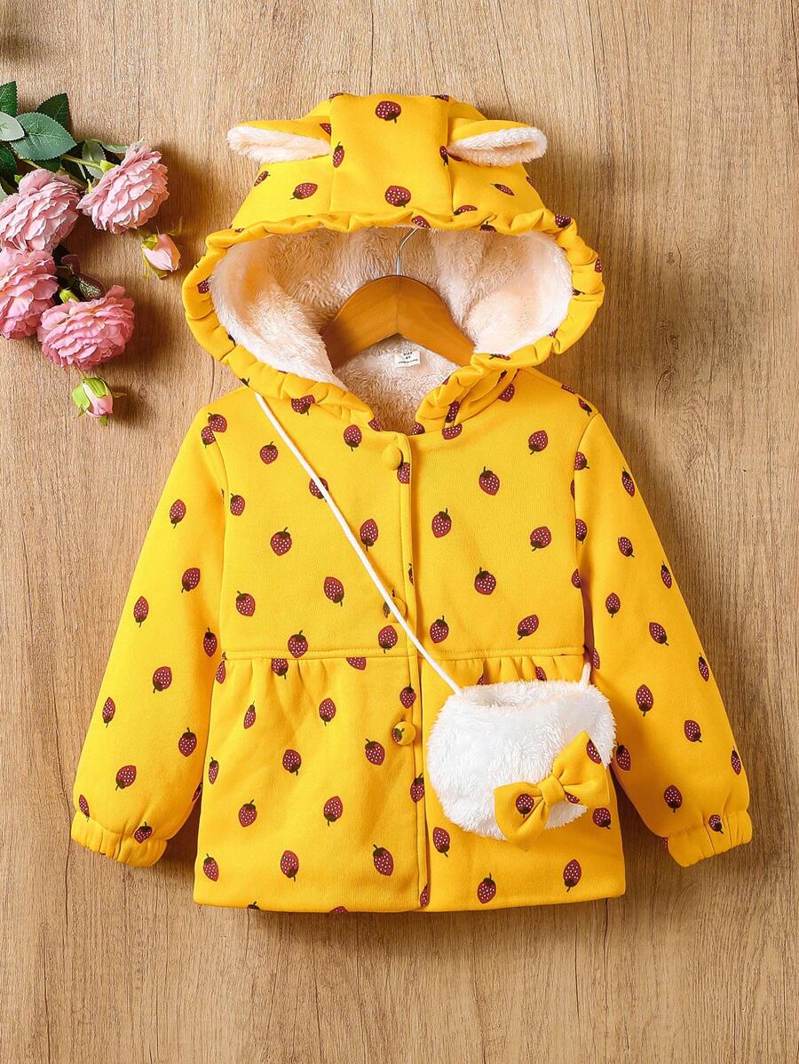 Girls Autumn And Winter Cute And Fun Style Small Strawberry Pattern Ruffled Decorative Hooded Bunny Ears Coat, Comfortable Fluff Inside, With Rope Fluffy Bow Small Bag - Multicolor - View 1