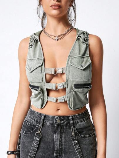 Grunge Punk Top tipo depósito de moda con capucha, lavado intenso, múltiples bolsillos, cremallera y botones, estilo callejero retro y de desperdicio para mujer