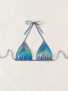 SHEIN Swim 女士吊带系带渐变露背时尚比基尼上衣夏季 - 藍色 - 查看 5