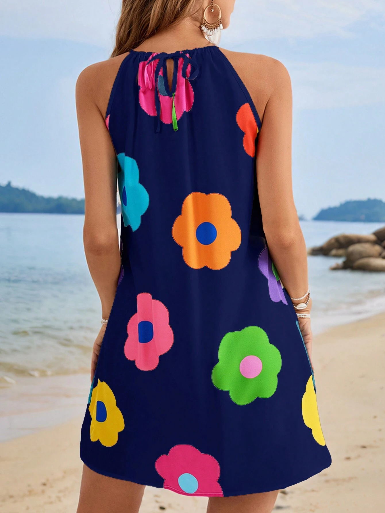 Missord Vestido Colorido Estampado com Ombros de Fora, Feito de Tecido Trançado, para Mulheres, Adequado para Praia, Romântico, Primavera/Verão, Vestido de Verão, Férias, 25 Estilos - Azul Marinho - Visão 3