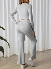 SHEIN 2pcs Maternity Solid Color Long Sleeve Simple Blouse And Pants Casual Suit - Light Grey - View 2