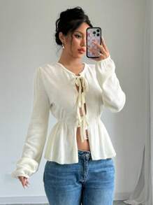 Chiquease Tie Front Ruffle Hem Cardigan Fall Cloth For Women - Beige - View 3