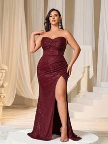 Faeriesty Plus Ruched Front Split Thigh Sequin Tube Party Dress - Burgundy - View 3