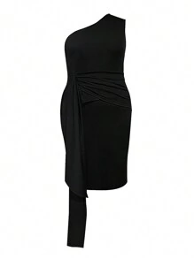 SHEIN Clasi Plus Size Women'S Ruffle One Shoulder Sleeveless Dress - Black - View 1