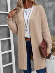 EMERY ROSE 女士纯色落肩长袖长款休闲开衫，秋冬 - 卡其色 - 查看 3