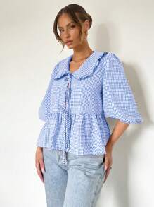 SHEIN Essnce 女士夏季宽松灯笼袖休闲可爱彼得潘领荷叶边蕾丝蓝格子衬衫上衣 - 藍白色 - 查看 3