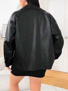 SHEIN EZwear Plus Size Black Minimalist PU Collar Shirt Jacket For Early Autumn Winter Fall - Black - View 7
