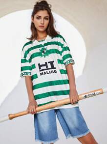 Teen Girl Summer Casual Contrast Striped Letter Print Top And Denim Shorts Two-Piece Set