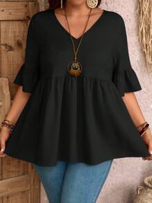 EMERY ROSE 大码夏季乡村纯色 V 领荷叶边下摆休闲衬衫，夏季 - 黑色 - 查看 3