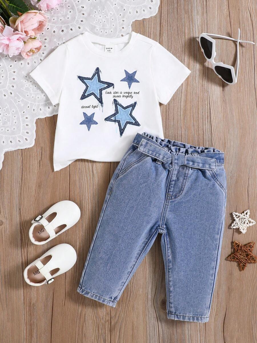 SHEIN 女婴蓝色牛仔宽松胡萝卜裤，女婴秋装，可爱蝴蝶结牛仔裤 - 淺色水洗藍 - 查看 1