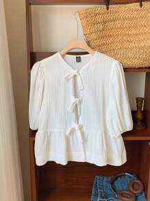 Comfortcana Women's New Linen-Textured Puff-Sleeved Lace-Up Round-Neck Doll-Shaped Shirt, Suitable For Daily Wear, Best-Selling Style - White - View 4