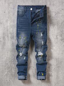 SHEIN Tween Boys' Distressed Street Wear Cool Ripped Frayed Jeans,For Back To School - Dark Grey - View 1