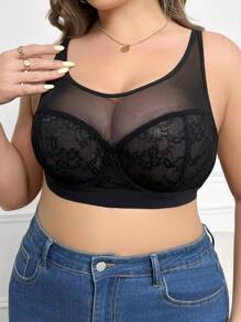 Plus Size Lace Contrast Mesh Underwire Lingerie Bra (1pc)