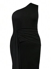 SHEIN Clasi Plus Size Women'S Ruffle One Shoulder Sleeveless Dress - Black - View 3