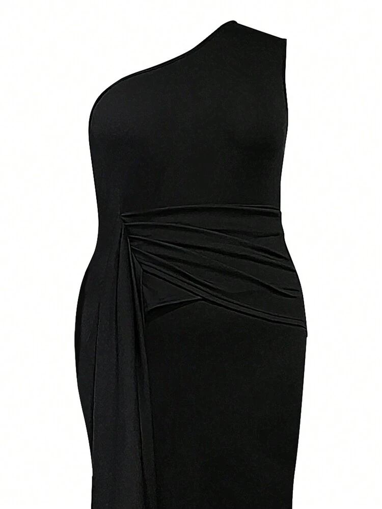 Plus Size Women'S Ruffle One Shoulder Sleeveless Dress