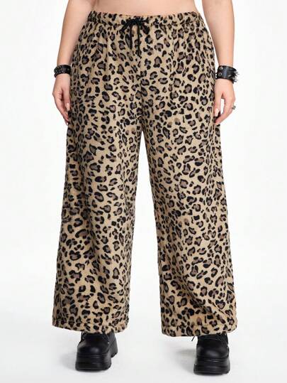 Kawaii Vintage Casual Loose Leopard Print Fleece Pants, Plus Size