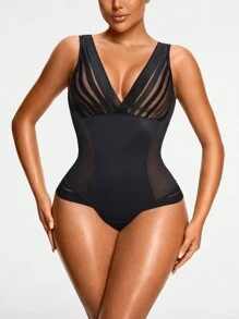 SHAPORA 女士纯色 V 领网眼拼接透视露背无袖连体塑身衣