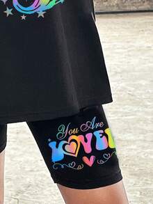 SHEIN 2pcs Tween Girls Casual Minimalist Colorful Unicorn Print Black Short Sleeve T-Shirt And Black Shorts Set, Suitable For Summer Back To School Clothes, Girls Sets, Cool T-Shirts, Graphic Tees - Black - View 4