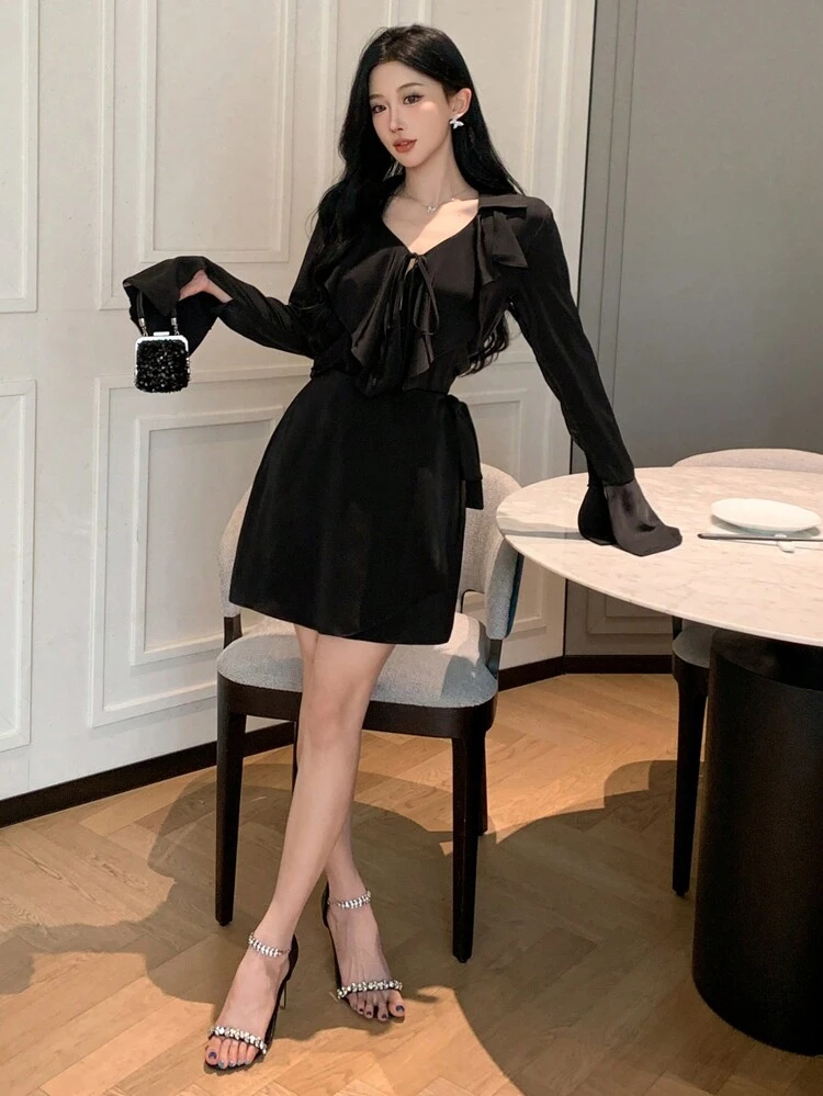 2pcs Women's Solid Color Long Sleeve Elegant Flounce Summer Outfit Set,Ruffle