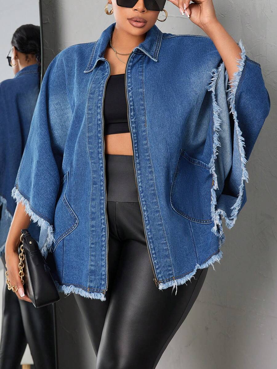 SHEIN CURVE+ 大码纯色磨边翻领休闲牛仔夹克