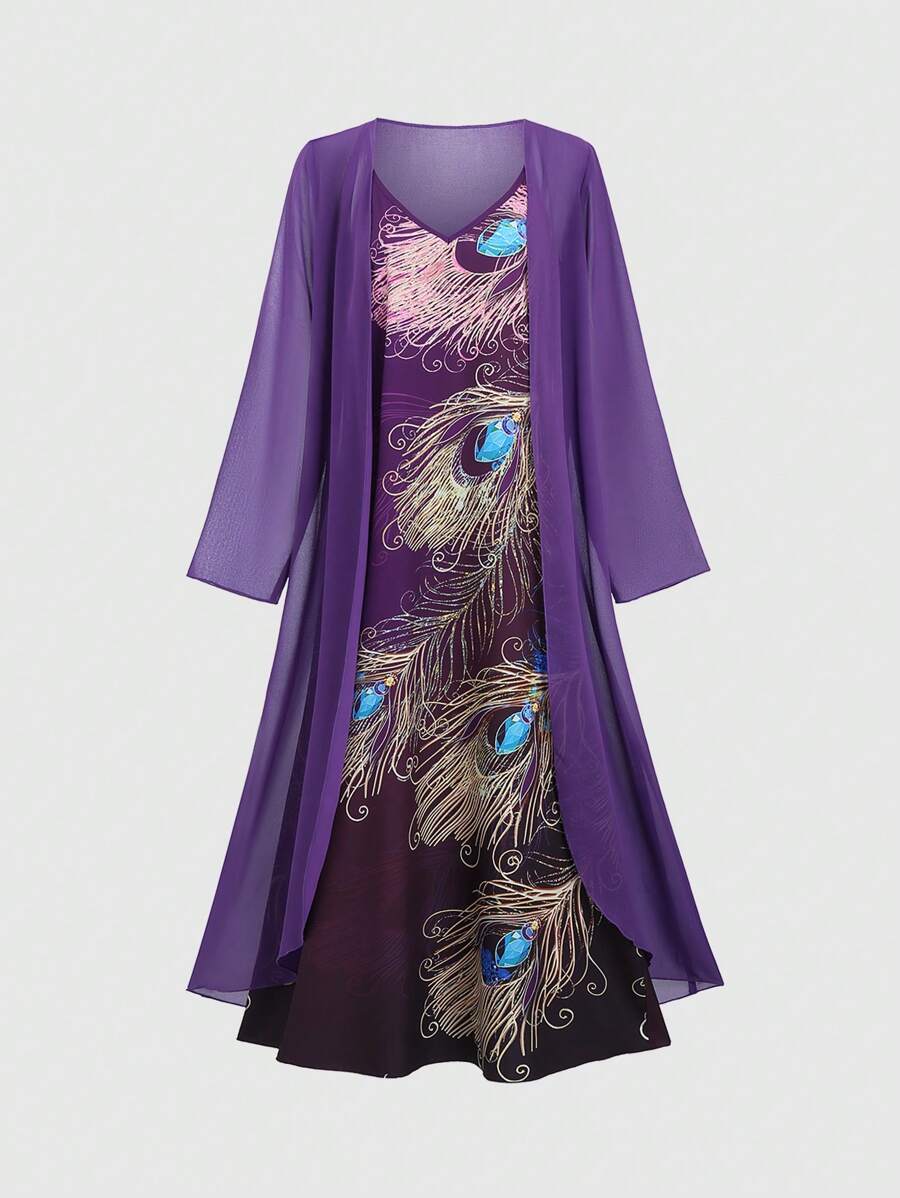 SHEIN LUNE 2 Stücke Set mit Kleid mit Spaghettiträgern und Allover Feder Muster und durchsichtigem langärmeligem Cardigan, lange Länge