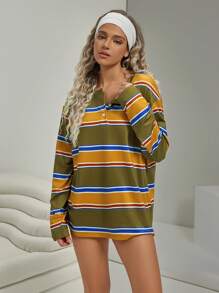 VARSITIE Casual Loose Women's Color Block Stripe Print Long Sleeve T-Shirt