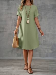 EMERY ROSE 女士纯色圆领休闲短袖连衣裙，夏季 - 薄荷綠 - 查看 3