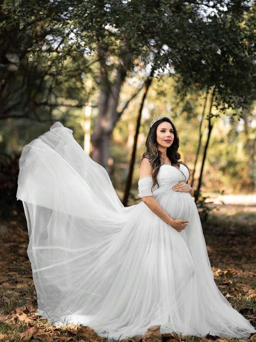 蕾丝网纱孕妇抹胸连衣裙,适合宝宝拍照和迎婴派对穿着,白色 - 白色 - 查看 1