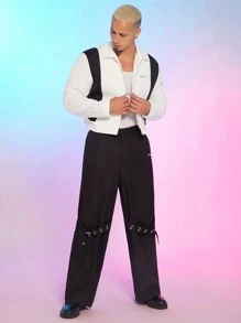 FeverCity Chaqueta holgada de tejido negro y blanco de manga larga para hombre, para otoño e invierno - Blanco y Negro - Ver 3