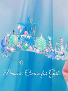 1入組藍色美人魚公主頭飾，童話故事美人魚皇冠，附貝殼、海星和珍珠。理想的髮飾，適用於化裝晚會、生日慶祝活動，絕佳的生日禮物。 - 彩色 - 查看 1