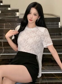 女士圆领短袖时尚精致甜美开衩蕾丝透视衬衫 - 米色 - 查看 3