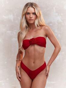 MISSGUIDED Rose Applique Bandeau Bikini Top With Low Rise Bikini Bottom Swim Set Summer - Red - View 1