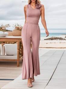 Calvaya Top elegante de mujer sin mangas con cuello en V, con adornos de flores 3D en unicolor, 2 piezas