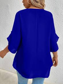 大码纯色圆领荷叶边袖休闲衬衫