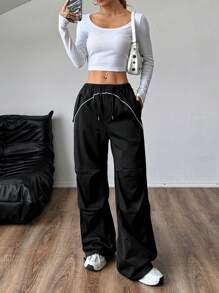 SHEIN Unity Women Drawstring Casual Cargo Pants With Striped Decor - Black - View 1