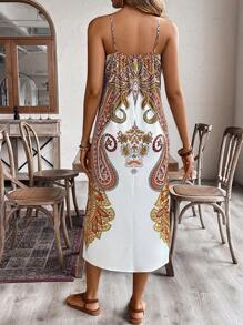 SHEIN LUNE Women's Bohemian Style Printed Spaghetti Strap Dress Maxi Women Outfit - White - View 2