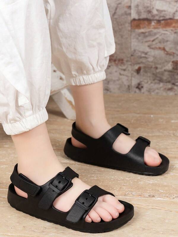 Kids Boys/Girls Plain Color EVA Thick Sole Soft Comfortable Adjustable Hook And Loop Outdoor Beach Sandals Slippers, Spring/Summer