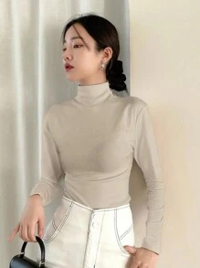 DAZY Women Ribbed Turtleneck Long Sleeve Slim Fit Undershirt,Fall Clothes,Back To School Clothes Preppy Tops - Apricot - View 4