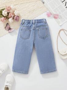 Baby Girls Cute Flower Printed Medium Blue Simple Casual Four Seasons All-Match All-Match Denim Pants