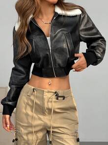 SHEIN EZwear Vintage Distressed Leather Shearling Collar - Black - View 3