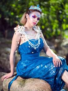 1入組藍色美人魚公主頭飾，童話故事美人魚皇冠，附貝殼、海星和珍珠。理想的髮飾，適用於化裝晚會、生日慶祝活動，絕佳的生日禮物。 - 彩色 - 查看 6