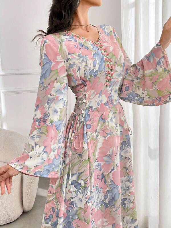 Al Najma Women's V-Neck Long Sleeve Allover Floral Print Arabian Long Modest Dress