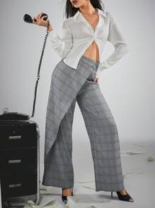 Hauture Plaid Fold Asymmetrical Wide Leg Pants - Black and White - View 1