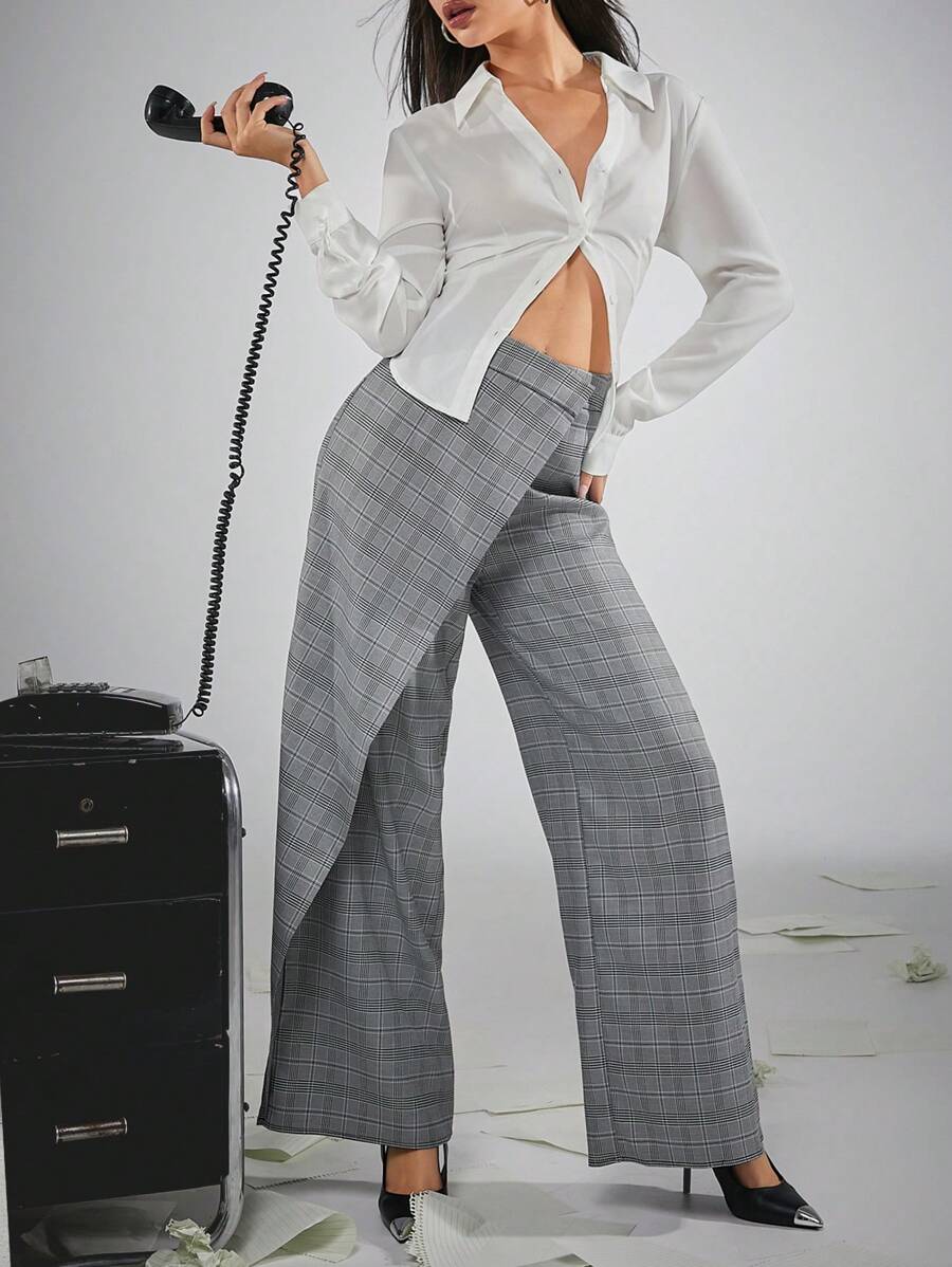 Hauture Plaid Fold Asymmetrical Wide Leg Pants - Black and White - View 1
