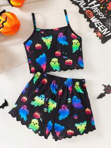 SHEIN 2pcs/Set Girl Summer Cartoon Ghost Luminous Camisole And Shorts Casual Pajama Set - Multicolor - View 3