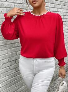 SHEIN Unity Camisa de mangas largas, de cuello redondo, de unicolor y elegante para ropa de Año Nuevo para tallas grandes - Rojo - Ver 3