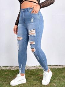 SHEIN ICON Plus Size Front Button Closure Multi-Pocket Distressed Frayed Edge Stretchy Skinny Jeans - Light Wash - View 5