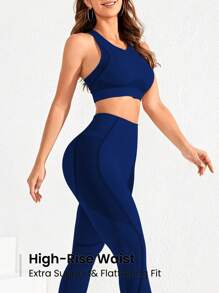 SHEIN Sport Studio Women Solid Color Crop Vest And Leggings Seamless Highly Elastic Sports Suit Workout Women Set Women Leggings Set